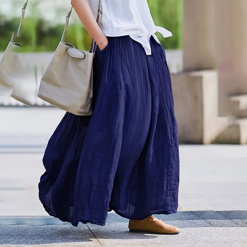 Women Bohemian Beach A-Line Dress Elastic Waist Flowy Long Maxi Skirt With Pockets 19203