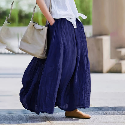 Women Bohemian Beach A-Line Dress Elastic Waist Flowy Long Maxi Skirt With Pockets 19203