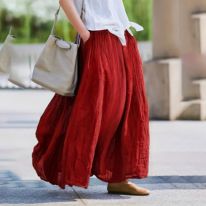 Women Bohemian Beach A-Line Dress Elastic Waist Flowy Long Maxi Skirt With Pockets 19203