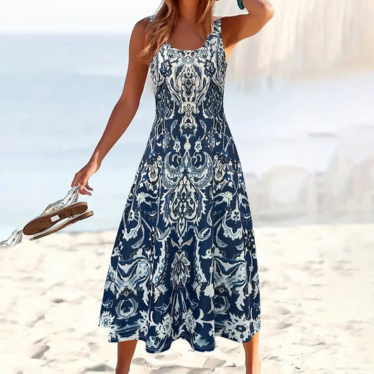 Women Floral Summer Maxi Dress Casual Beach Printed Sleeveless Boho Flowy Tank Sundress 19203