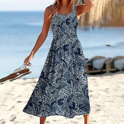 Women Floral Summer Maxi Dress Casual Beach Printed Sleeveless Boho Flowy Tank Sundress 19203