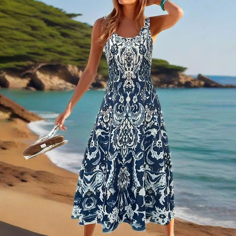 Women Floral Summer Maxi Dress Casual Beach Printed Sleeveless Boho Flowy Tank Sundress 19203
