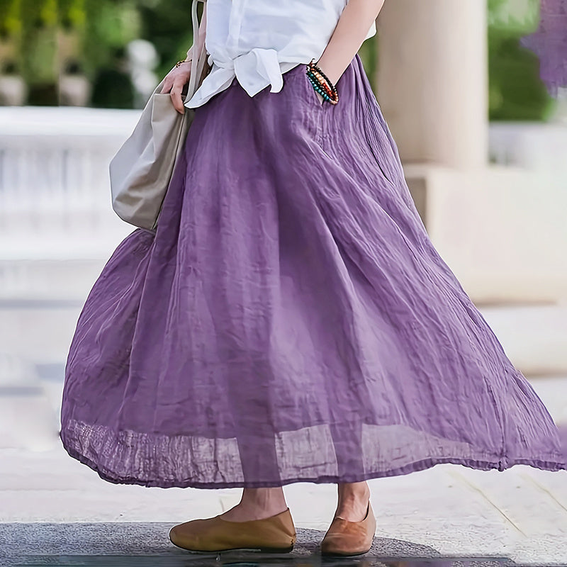 Women Bohemian Beach A-Line Dress Elastic Waist Flowy Long Maxi Skirt With Pockets 19203