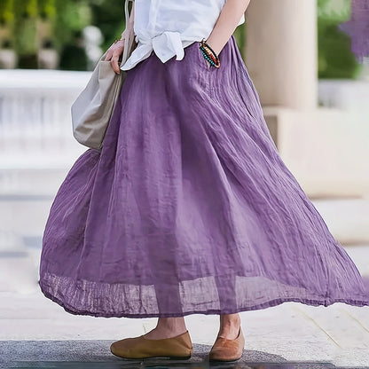Women Bohemian Beach A-Line Dress Elastic Waist Flowy Long Maxi Skirt With Pockets 19203