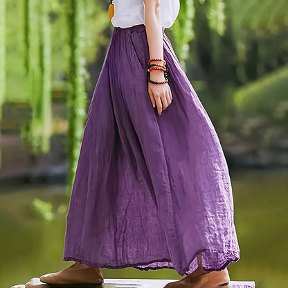 Women Bohemian Beach A-Line Dress Elastic Waist Flowy Long Maxi Skirt With Pockets 19203