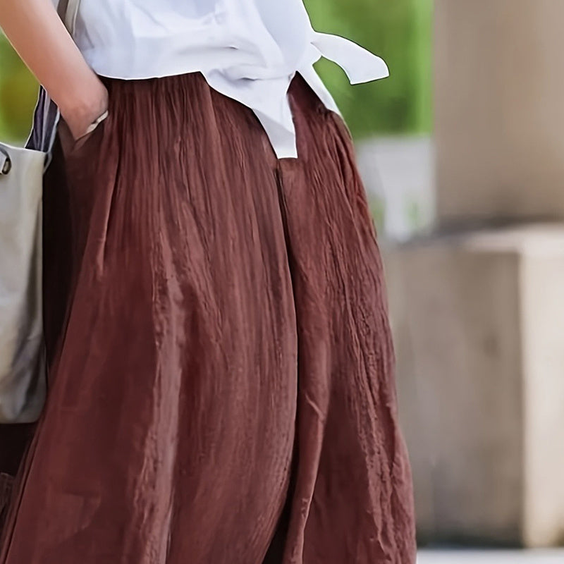 Women Bohemian Beach A-Line Dress Elastic Waist Flowy Long Maxi Skirt With Pockets 19203