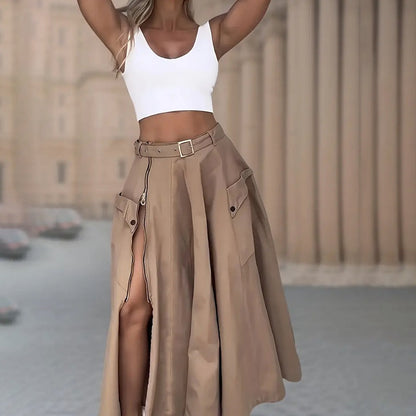 Women Two Piece Outfits Summer Cropped Vest Top High Waisted Slit Skirt Casual Matching Sets 19203
