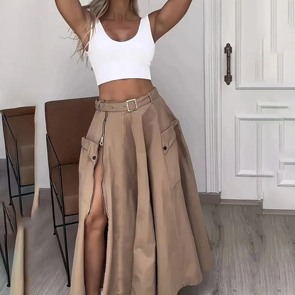Women Two Piece Outfits Summer Cropped Vest Top High Waisted Slit Skirt Casual Matching Sets 19203