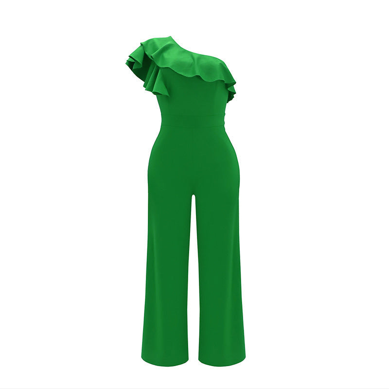 Women Summer Dressy Jumpsuits Sleeveless Ruffle One Shoulder Casual Wide Leg Pants Romper 19203