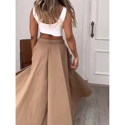Women Two Piece Outfits Summer Cropped Vest Top High Waisted Slit Skirt Casual Matching Sets 19203