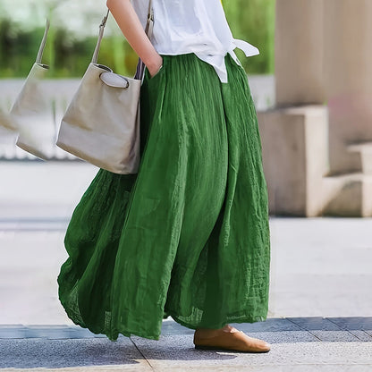 Women Bohemian Beach A-Line Dress Elastic Waist Flowy Long Maxi Skirt With Pockets 19203