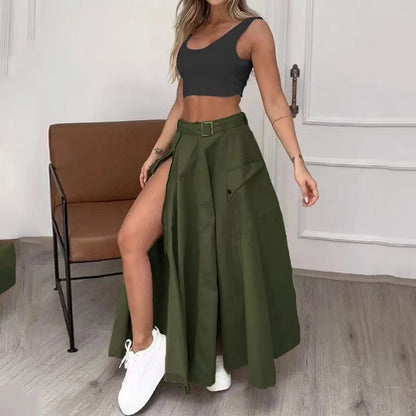 Women Two Piece Outfits Summer Cropped Vest Top High Waisted Slit Skirt Casual Matching Sets 19203