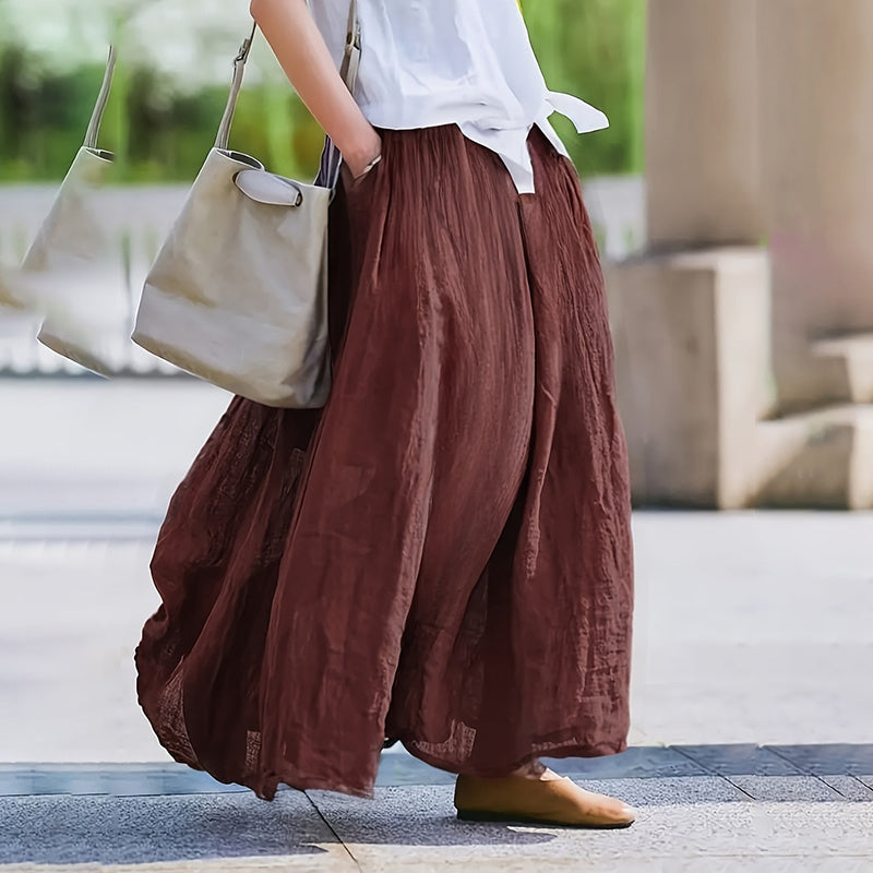 Women Bohemian Beach A-Line Dress Elastic Waist Flowy Long Maxi Skirt With Pockets 19203