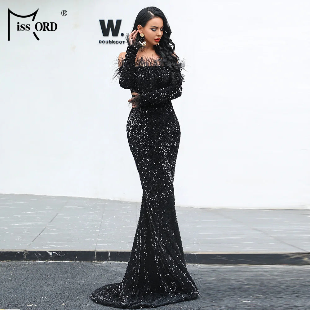 Women Sexy Off Shoulder Long Sleeve Feather Elegant Sequin Maxi Dresss 19203