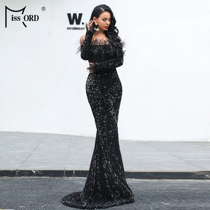 Women Sexy Off Shoulder Long Sleeve Feather Elegant Sequin Maxi Dresss 19203