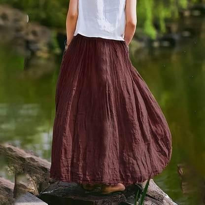 Women Bohemian Beach A-Line Dress Elastic Waist Flowy Long Maxi Skirt With Pockets 19203
