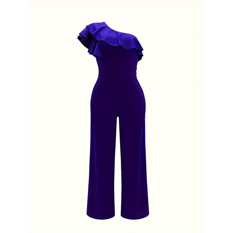Women Summer Dressy Jumpsuits Sleeveless Ruffle One Shoulder Casual Wide Leg Pants Romper 19203