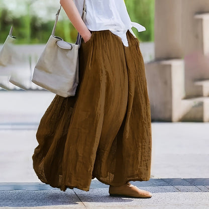 Women Bohemian Beach A-Line Dress Elastic Waist Flowy Long Maxi Skirt With Pockets 19203