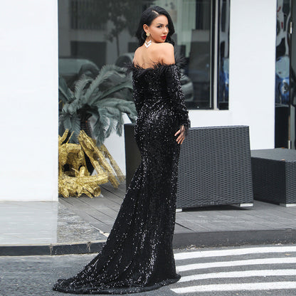 Women Sexy Off Shoulder Long Sleeve Feather Elegant Sequin Maxi Dresss 19203