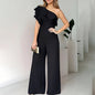 Women Summer Dressy Jumpsuits Sleeveless Ruffle One Shoulder Casual Wide Leg Pants Romper 19203
