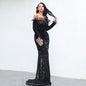 Women Sexy Off Shoulder Long Sleeve Feather Elegant Sequin Maxi Dresss 19203